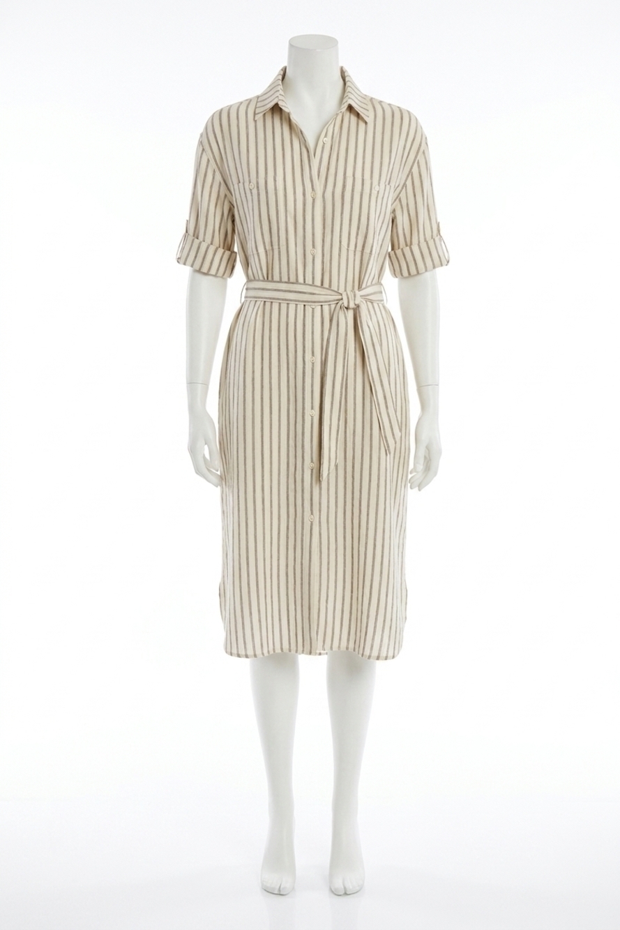 NEW LYSSE juniper linen tunic shirt dress in olive grove stripe